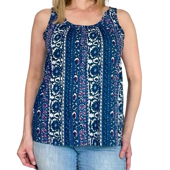 Calvin Klein Navy Floral Tunic Tank Top M Cotton Boho Pockets Ruffle - Picture 5 of 10
